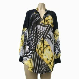 Bisou Bisou Sheer Yellow & Black Abstract Blouse